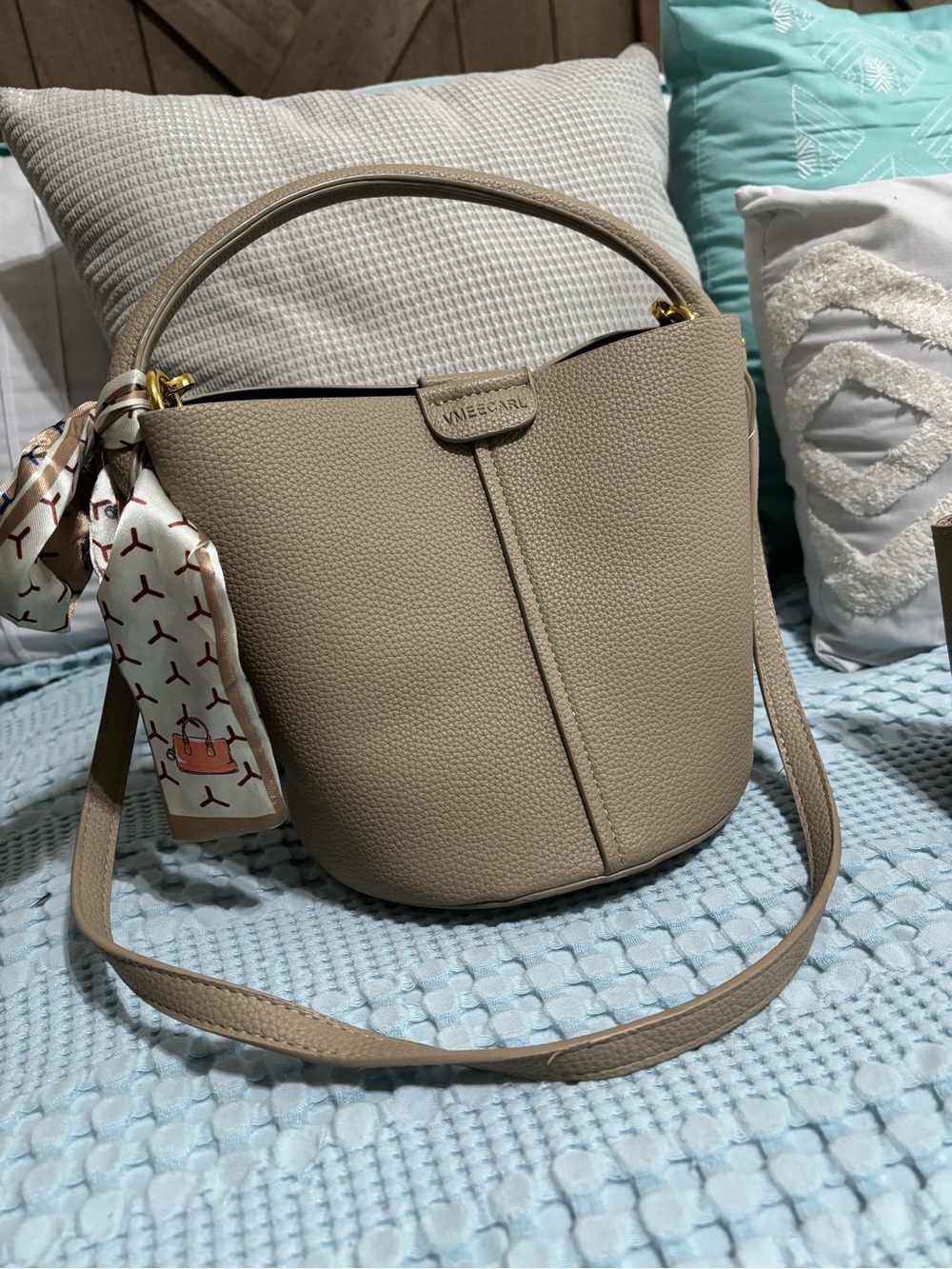 Pebbled Leather Taupe Hobo Bag with Scarf Accent (bought on Amazon)